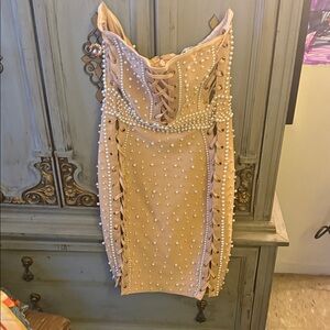 Fashion Nova Blush Pearl-Studded Dress
